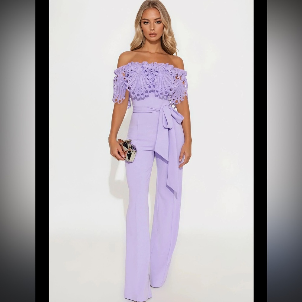 312. Fashion Nova Lavender Lace Off-Shoulder Jumpsuit